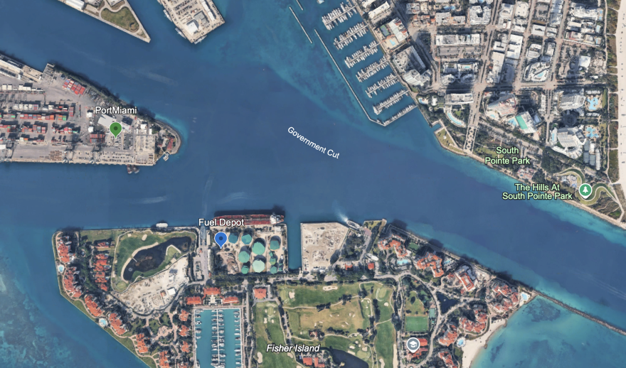An overhead view of Fisher Island, PortMiami and Miami Beach