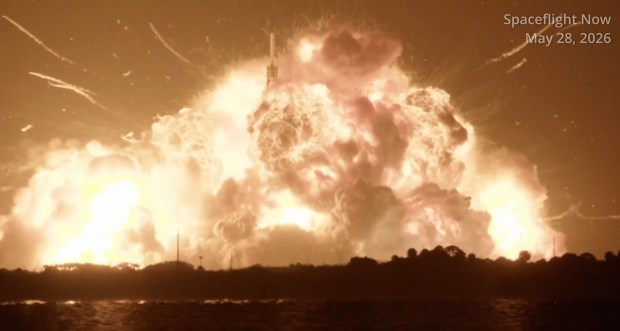 Video captured by Spaceflightnow.com shows the fireball engulfing a Blue Origin New Glenn booster at Cape Canaveral Space Force Station's Launch Complex 36 on Thursday, May 28, 2026, during a hotfire test. (Courtesy/Spaceflightnow.com)