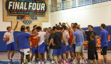 Thomas Haugh prepares to take a jump shot in the Gators' 2025 game at Duke.