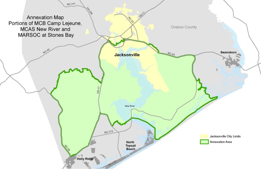 A map prepared by the City of Jacksonville shows in green the portion of Camp Lejeune that the city wants to annex. The yellow area represents the city's current boundaries.