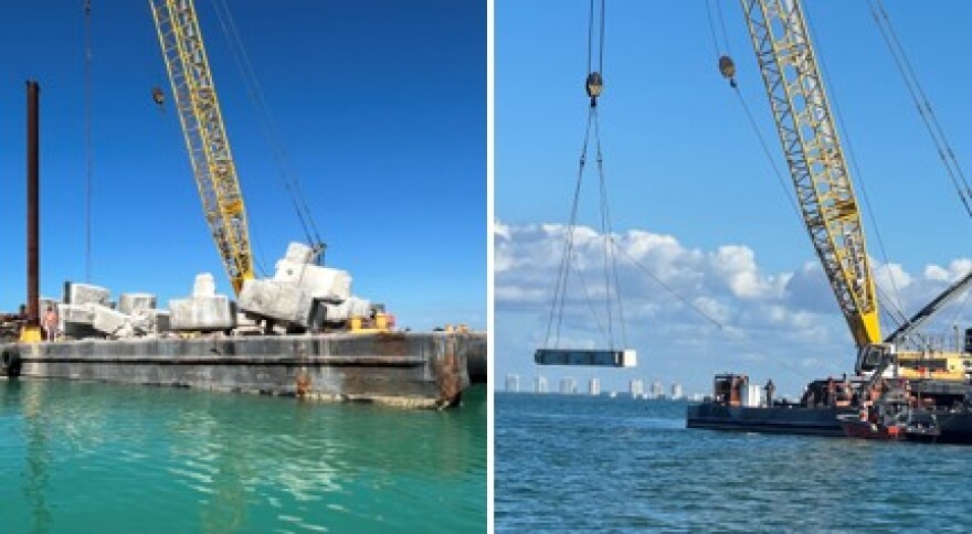 Sections of the old bridge being placed to create the Big Carlos Bridge Artificial Reef.
