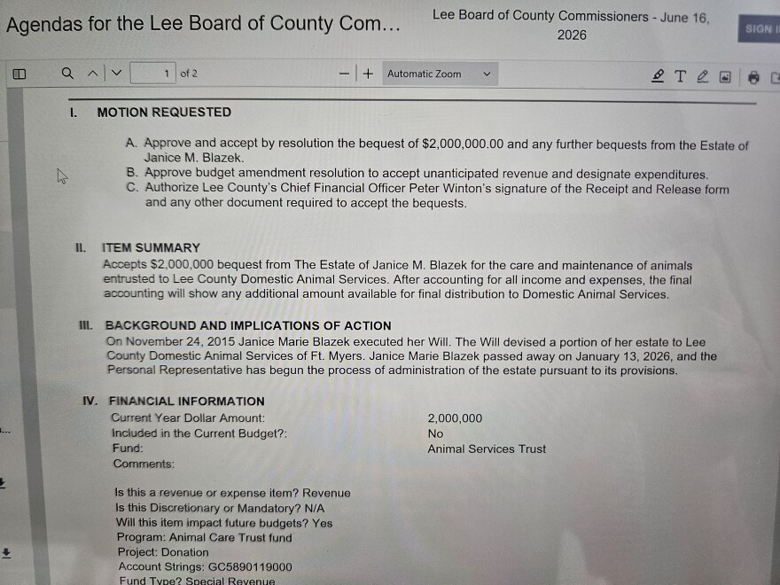 Lee County Board of County Commissioners agenda with information about the Blazek bequest.