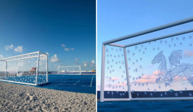 soccer nets become crocheted drawings on miami beach