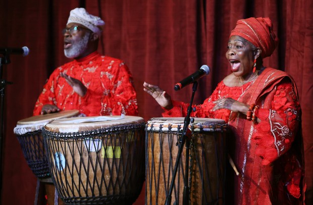 The Orisirisi African Folklore Drum Performers sing and dance during the Juneteenth Celebration at the Orange County Multi-Cultural Center in Orlando on Wednesday, June 19, 2024. (Stephen M. Dowell/Orlando Sentinel)