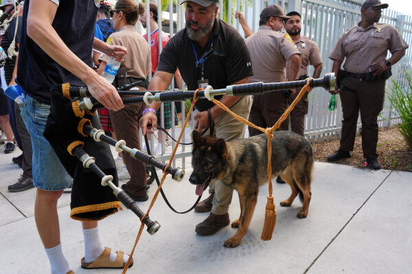 A security dog checks a Scottish soccer fan's bagpipes as the Tartan Army arrives to watch a Miami Marlins baseball game, Monday, June 22, 2026. (AP Photo/Rebecca Blackwell)