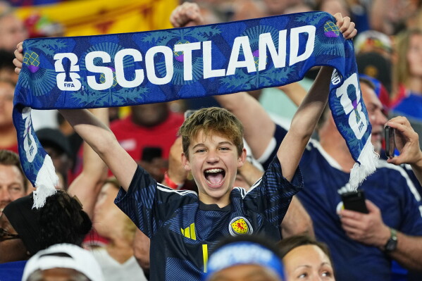 A Scotland fan reacts during the World Cup Group C soccer match between Haiti and Scotland in Foxborough, Mass., near Boston, Saturday, June 13, 2026. (AP Photo/Martin Meissner)