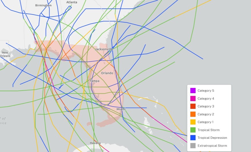 Map showing track of July tropical storms and hurricanes.