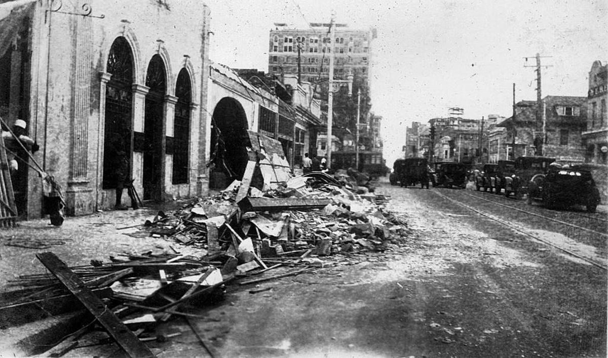 While many concrete and steel buildings, like this one on Flagler Street, withstood the storm, most wood frame structures were destroyed.