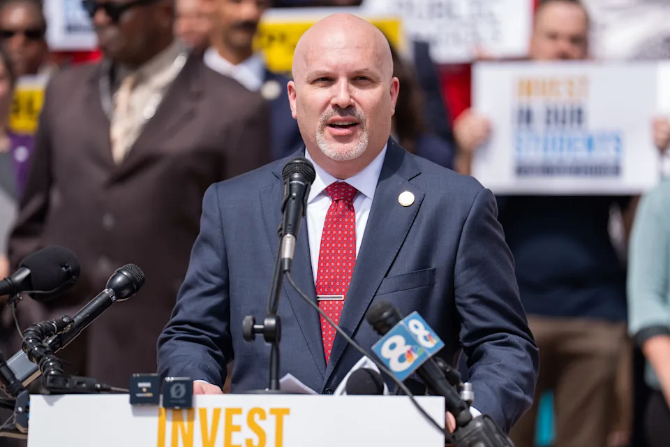 Andrew Spar, President of the Florida Education Association, speaks at a press conference held on the steps of Florida’s historic capitol calling on the state to provide more support for public schools Tuesday, May 5, 2026.