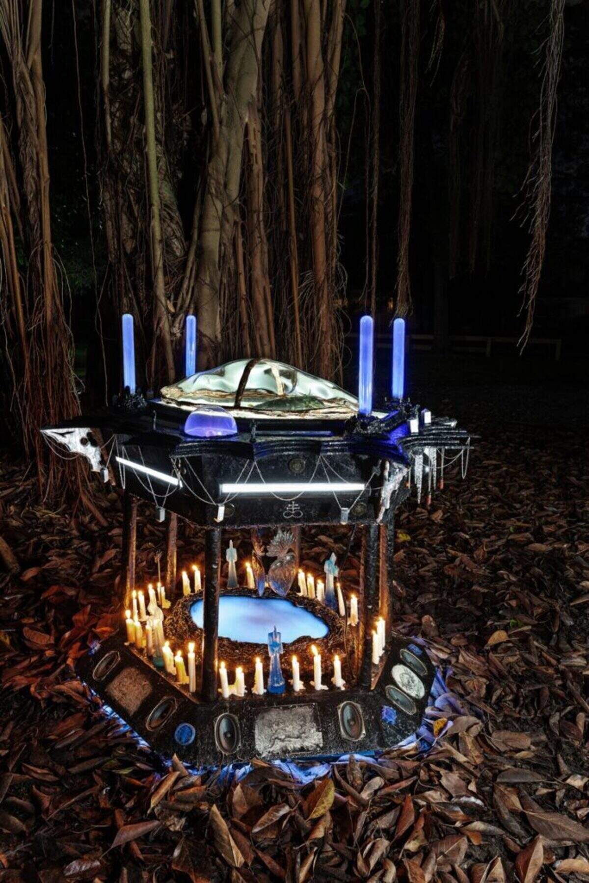 Richard Moreno’s “…and From This Wretched Form I Absolve Thee (Purifying Thy Form for the Continuation of my Spirit”), 2024, created with mummified iguana found in the historic grounds of Vizcaya. The artist’s sculptures feature gothic and esoteric aesthetics.