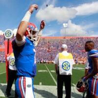 Sep 26, 2015; Gainesville, FL, USA; Florida Gators quarterback Will Grier (7) gets the crowd pumped up against the Tennessee Volunteers at Ben Hill Griffin Stadium.