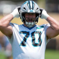 Jun 11, 2025; Charlotte, NC, USA; Carolina Panthers guard Brady Christensen (70) during minicamp at Bank of America Stadium.