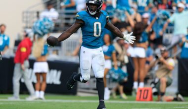 Jacksonville Jaguars linebacker Devin Lloyd (0) reacts to his fumble recovery during the fourth quarter of an NFL football matchup at EverBank Stadium, Sunday, Sept. 21, 2025, in Jacksonville, Fla. The Jaguars defeated the Texans 17-10.