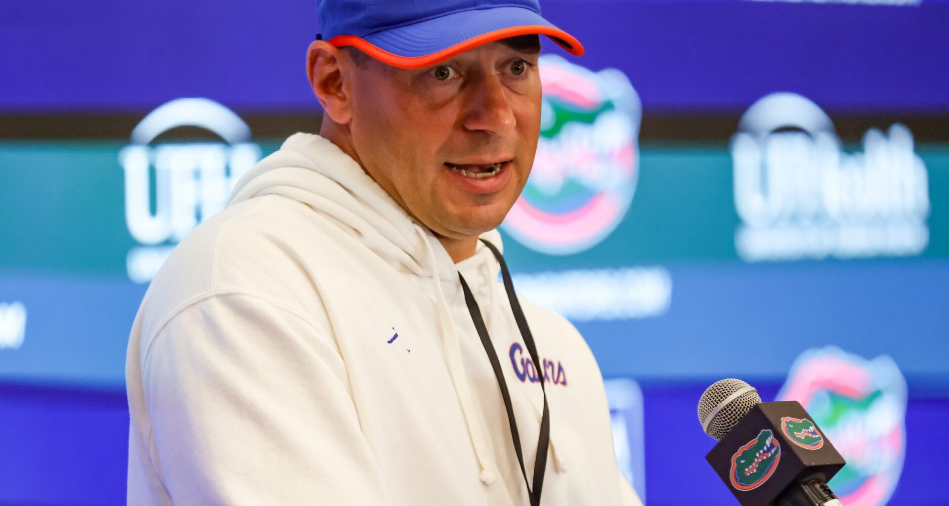 Florida head coach Jon Sumrall speaks after spring practice at Sanders Practice Fields in Gainesville, FL on Tuesday, April 7, 2026. Alan Youngblood/Gainesville Sun