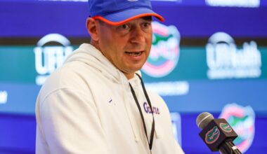Florida head coach Jon Sumrall speaks after spring practice at Sanders Practice Fields in Gainesville, FL on Tuesday, April 7, 2026. Alan Youngblood/Gainesville Sun