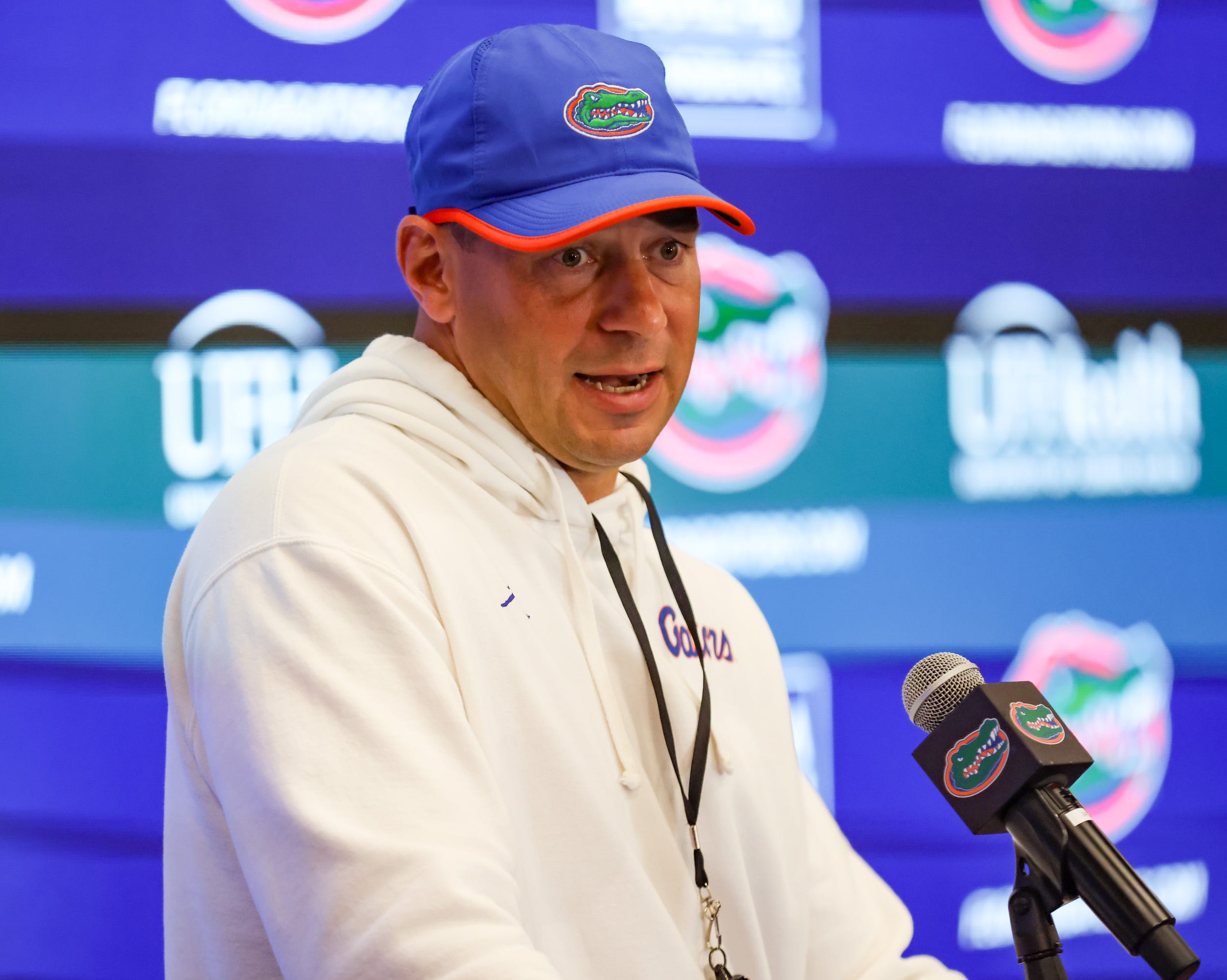 Florida head coach Jon Sumrall speaks after spring practice at Sanders Practice Fields in Gainesville, FL on Tuesday, April 7, 2026. Alan Youngblood/Gainesville Sun