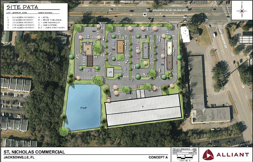 A concept site plan filed with rezoning Ordinance 2026-0437 shows a possibility for the commercial use of the former Beach Road Chicken Dinners site in the St. Nicholas area. A concept site plan filed with rezoning Ordinance 2026-0437 shows a possibility for the commercial use of the former Beach Road Chicken Dinners site in the St. Nicholas area.