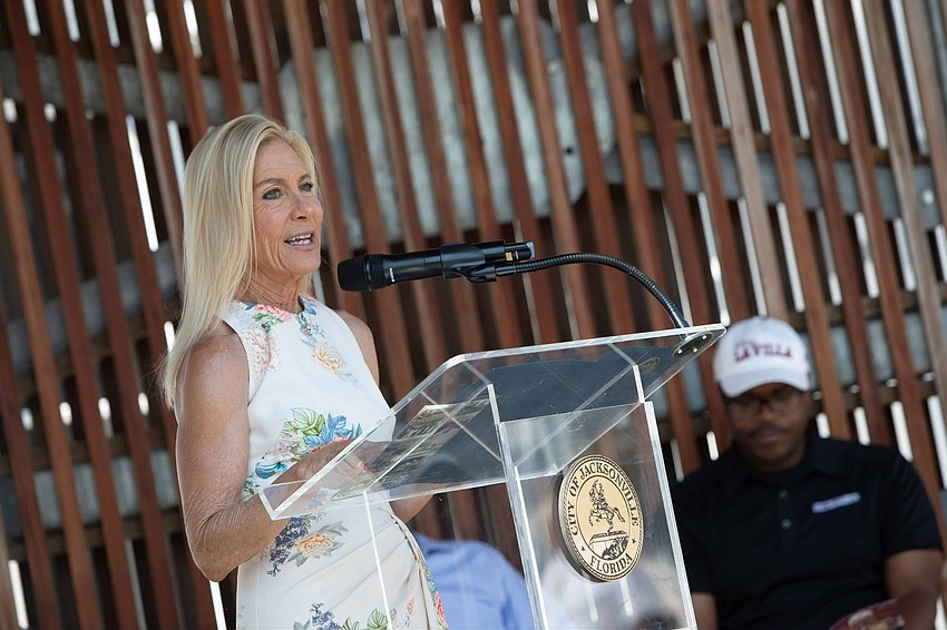 Jacksonville Mayor Donna Deegan speaks June 12 during the opening of the LaVilla: Lift Ev’ry Voice and Sing Heritage Trail. The trail features 22 markers explaning the neighborhood’s history. Jacksonville Mayor Donna Deegan speaks June 12 during the opening of the LaVilla: Lift Ev’ry Voice and Sing Heritage Trail. The trail features 22 markers explaning the neighborhood’s history.