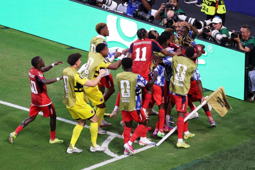 Cape Verde's Helio Varela celebrates scoring their second goal with teammates 