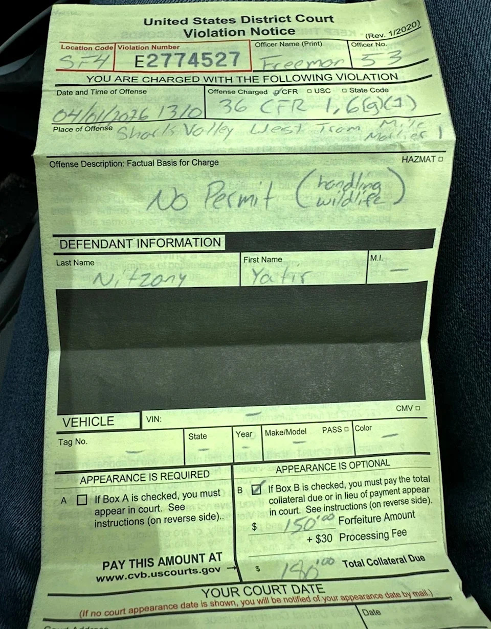 A citation issued to a Florida man for picking up a python without a permit.