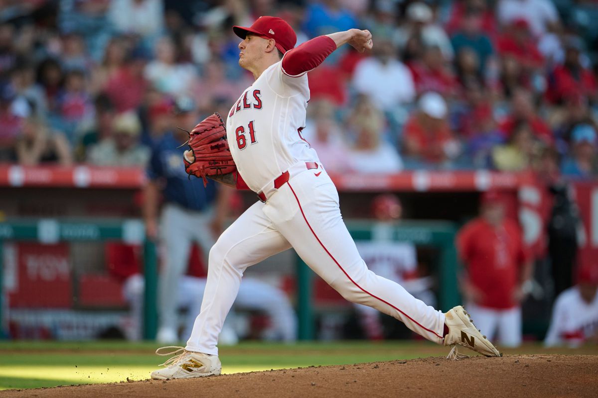The Los Angeles Angels Sam Aldegheri #61 pitches during an MLB game against The Tampa Bay Rays on June 12th, 2026 at Angel Stadium in Anaheim, California. The Los Angeles Angels Sam Aldegheri #61 pitches during an MLB game against The Tampa Bay Rays on June 12th, 2026 at Angel Stadium in Anaheim, California.