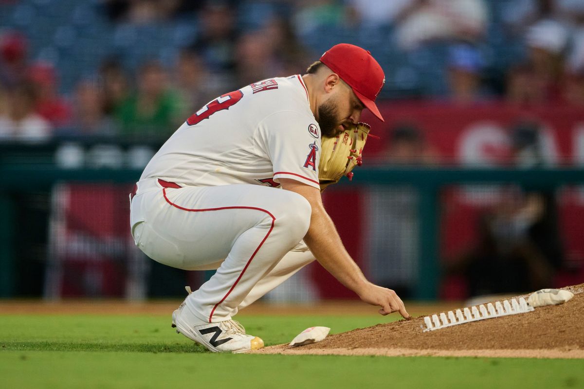 The Los Angeles Angels Chase Silseth #63 does his mound ritual during an MLB game against The Tampa Bay Rays on June 12th, 2026 at Angel Stadium in Anaheim, California. The Los Angeles Angels Chase Silseth #63 does his mound ritual during an MLB game against The Tampa Bay Rays on June 12th, 2026 at Angel Stadium in Anaheim, California.