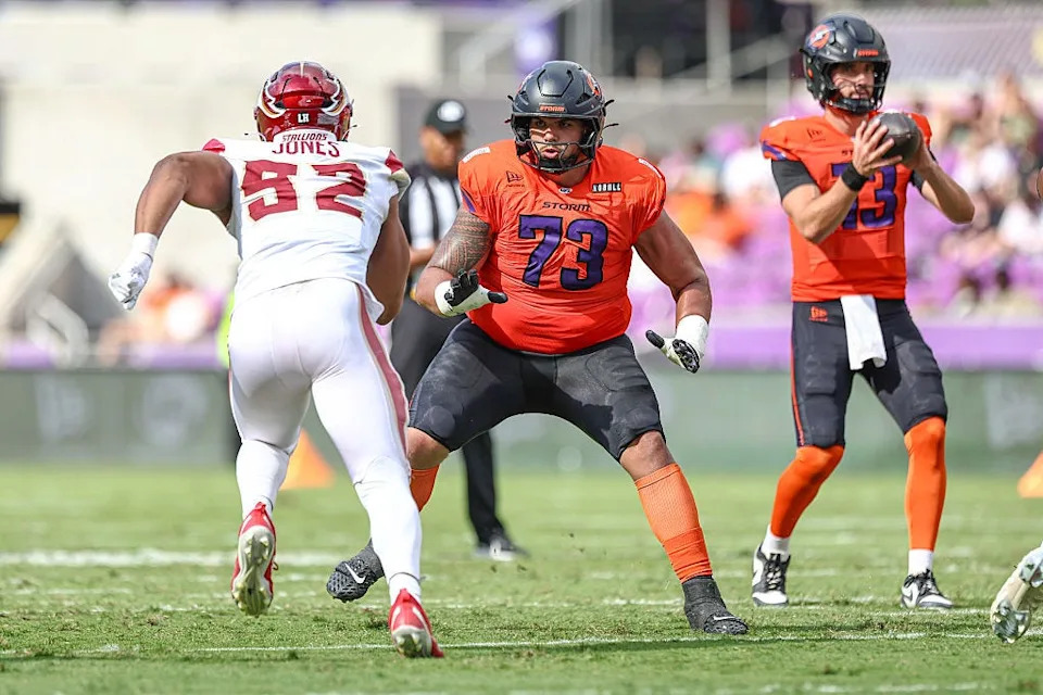 ORLANDO, FLORIDA - MAY 03: Guard Samuel Jackson #73 of the Orlando Storm blocks during the game between the Orlando Storm and Birmingham Stallions at Inter&Co Stadium on May 03, 2026 in Orlando, Florida. (Photo by Dustin Markland/UFL/Getty Images)