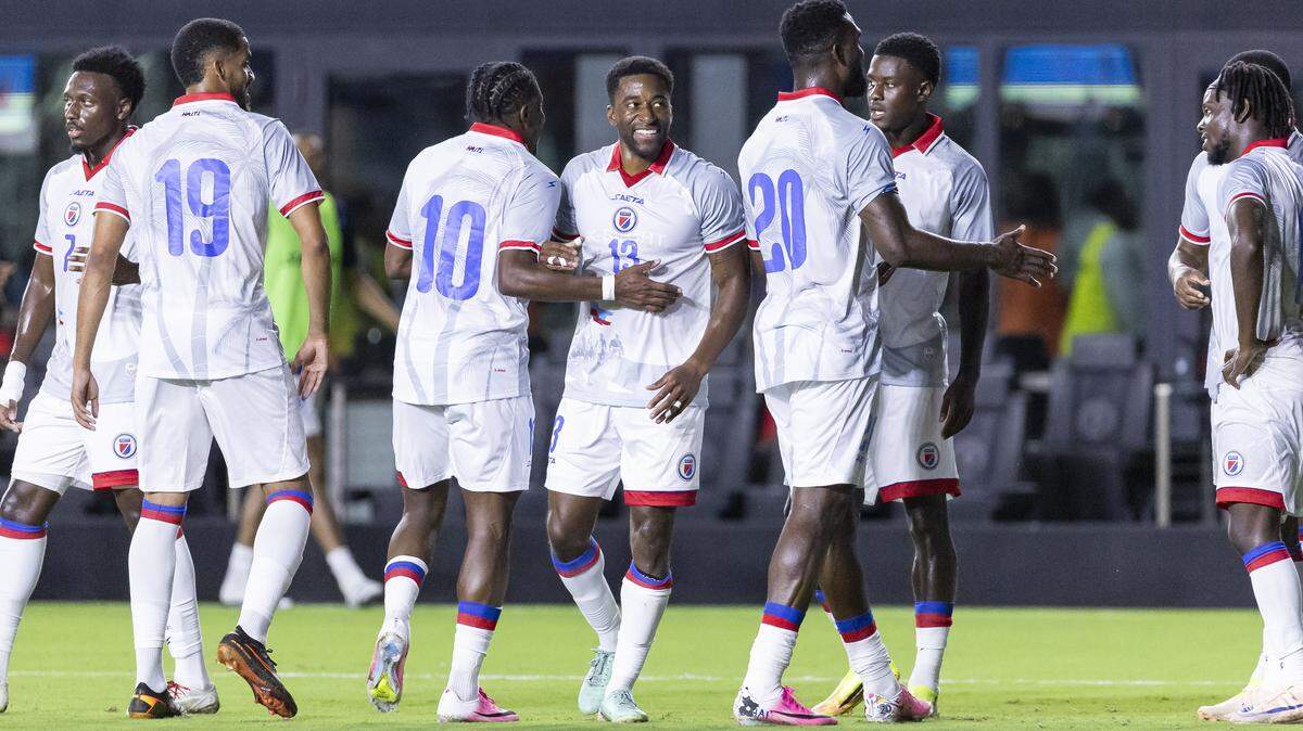 Haitian players celebrate during the first half of their 4-0 friendly win over New Zealand at Inter Miami Stadium on Tuesday, June 2, 2026, in Fort Lauderdale, Fla. Haitian players celebrate during the first half of their 4-0 friendly win over New Zealand at Inter Miami Stadium on Tuesday, June 2, 2026, in Fort Lauderdale, Fla.