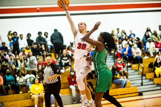 South Fort Myers' Addison Potts scores during a game against Fort Myers at South Fort Myers on Friday, Jan. 7, 2022.