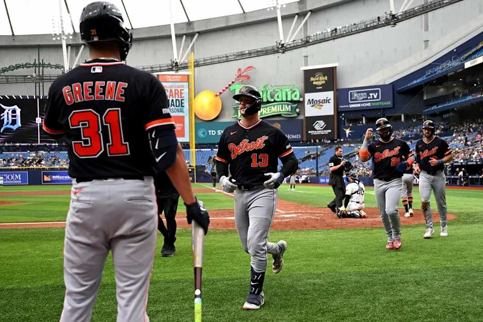 Detroit Tigers designated hitter Dillon Dingler (13) is greeted by left fielder Riley Greene (31) after hitting a three run home run in the fourth inning against the Tampa Bay Rays at Tropicana Field in St. Petersburg, Florida, on Wednesday, June 3, 2026.