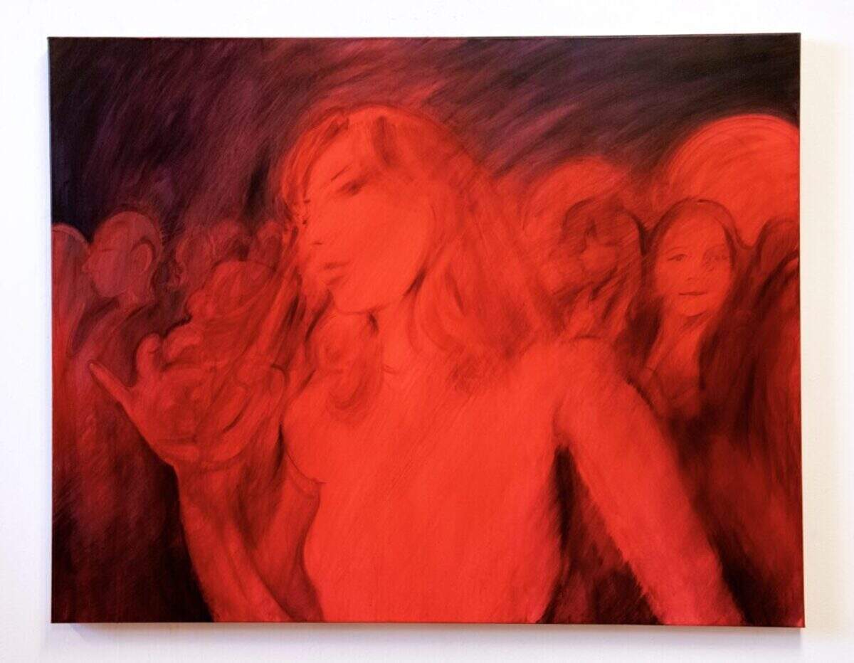 Zoe Schweiger paints sweltering nightlife scenes in her fluid style of monochromatic warm-color canvases. “Cici at Floyd 1:09 AM,” 2025. Acrylic and ink on canvas, 40 in x 50 in (101.6 cm x 127 cm).