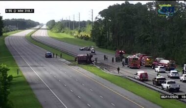 Traffic Alert: All lanes on I-95 at MM 310 in St. Johns County closed due to crash involving semi that caught fire