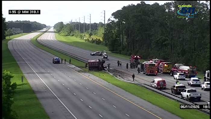 Traffic Alert: All lanes on I-95 at MM 310 in St. Johns County closed due to crash involving semi that caught fire