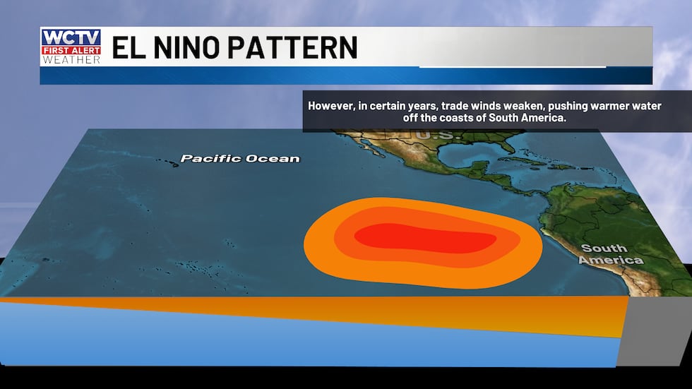 El Niño occurs when trade winds weaken or relax and allowing sea surface temperatures to rise...