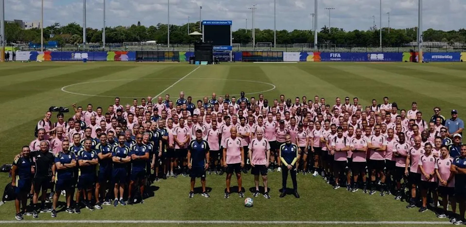 FIFA President Gianni Infantino greets the World Cup referees at a pre-tournament training camp at Miami Dade College Soccer Stadium on Saturday June 6, 2026. The 170 referees will be based in Miami through the duration of the tournament.