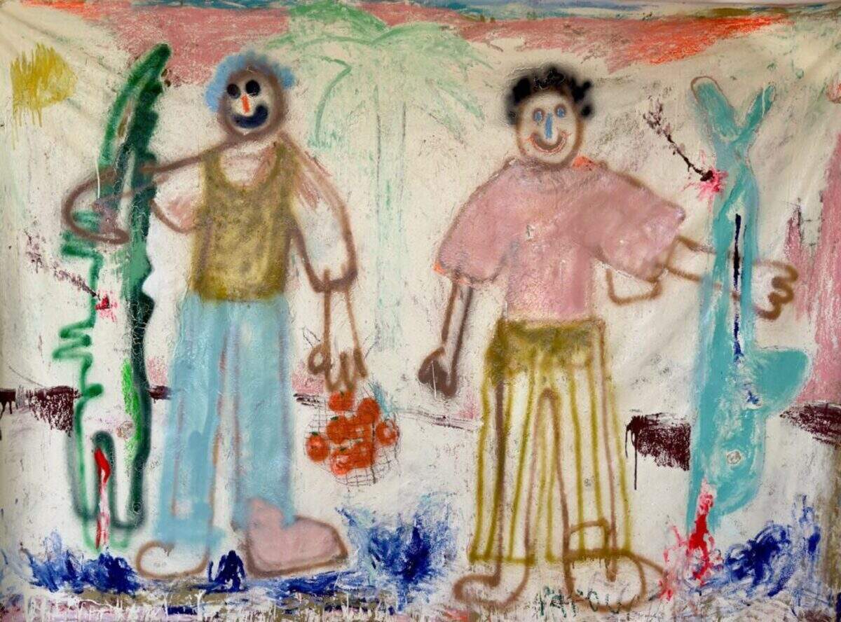 Papou, “Tropical Violence,” 2026, Oil, acrylic, spray paint, sand, latex on unstretched canvas, 72 in x 96 in (182.88 cm x 243.84 cm)