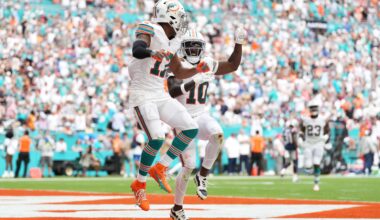 Oct 29, 2023; Miami Gardens, Florida, USA; Miami Dolphins wide receiver Jaylen Waddle (17) celebrates his touchdown against the New England Patriots with wide receiver Tyreek Hill (10) during the second half at Hard Rock Stadium.