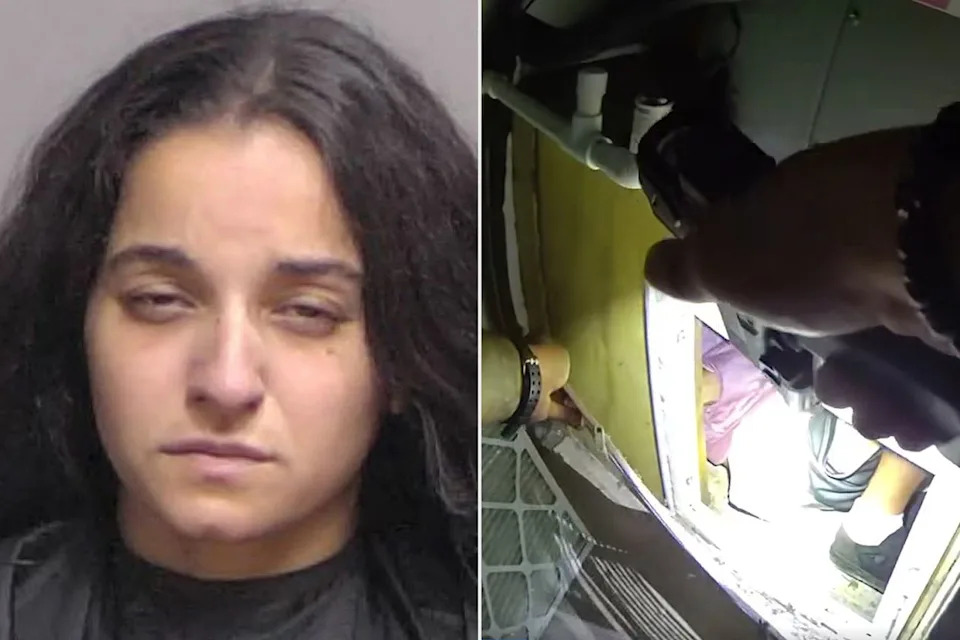Joann Rosario (left); and a man alleged to be James Myers hiding inside an air conditioner vent.Credit: Flagler County Sheriff's Office