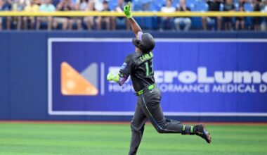 Tampa Bay Rays' Junior Caminero rounds the bases after his home run during the first inning of a baseball game against the Arizona Diamondbacks Saturday, June 27, 2026, in St. Petersburg, Fla. (AP Photo/Jason Behnken)