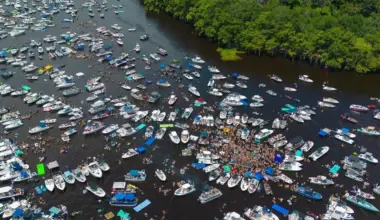 Dozens of boats are shown from overhead on Boater Skip Day in 2025.