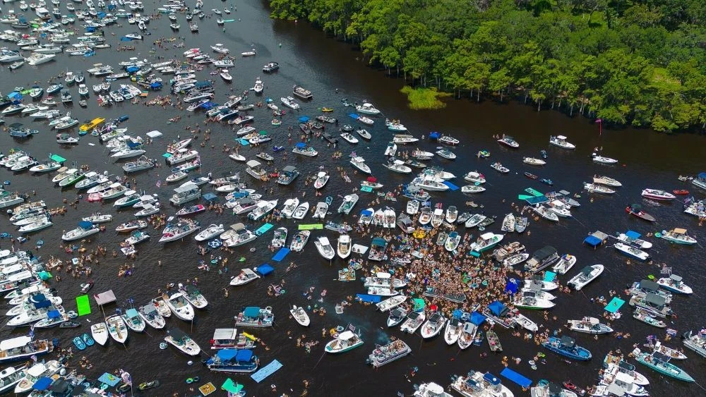Dozens of boats are shown from overhead on Boater Skip Day in 2025.