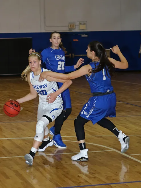 Gateway eight-grader Addison Potts drives to the basket in a game against Oasis.