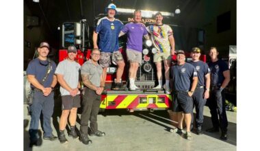 Scottish firefighters visit South Trail Fire & Rescue District station, leaves with traffic cone | Lee County