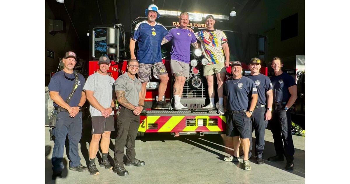 Scottish firefighters visit South Trail Fire & Rescue District station, leaves with traffic cone | Lee County