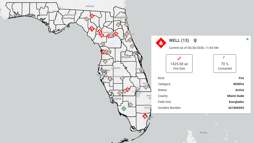 The Well Fire, burning northeast of that blaze, is about 70% contained. (Florida Department of Agriculture and Consumer Services)