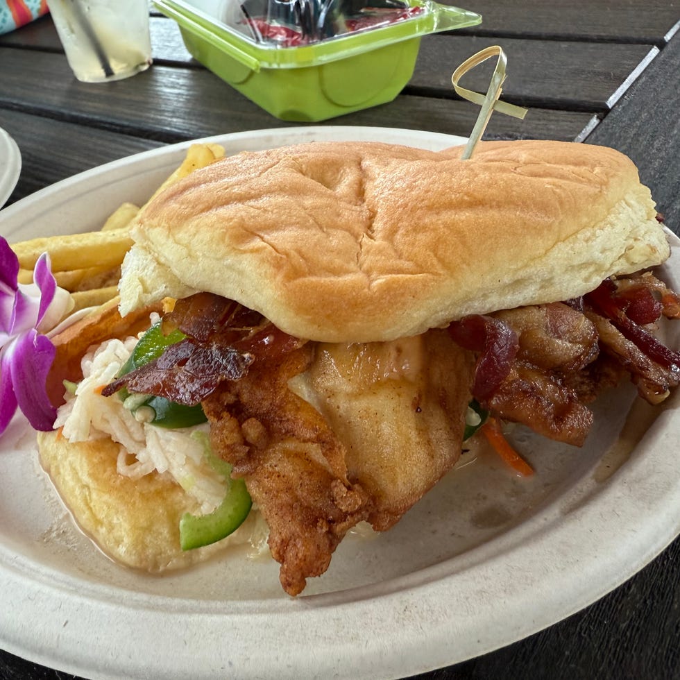 Sandwich with bacon, chicken, and vegetables on a plate with fries and a purple flower garnish. Sandwich with bacon, chicken, and vegetables on a plate with fries and a purple flower garnish.