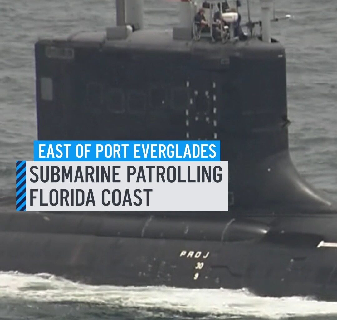 Aerial footage captured what appears to be a submarine near Florida's east coast. Chopper 6 was flying over the area on Tuesday when it spotted the submarine moving through the waters off Port Everglades. #submarine #Florida #PortEverglades