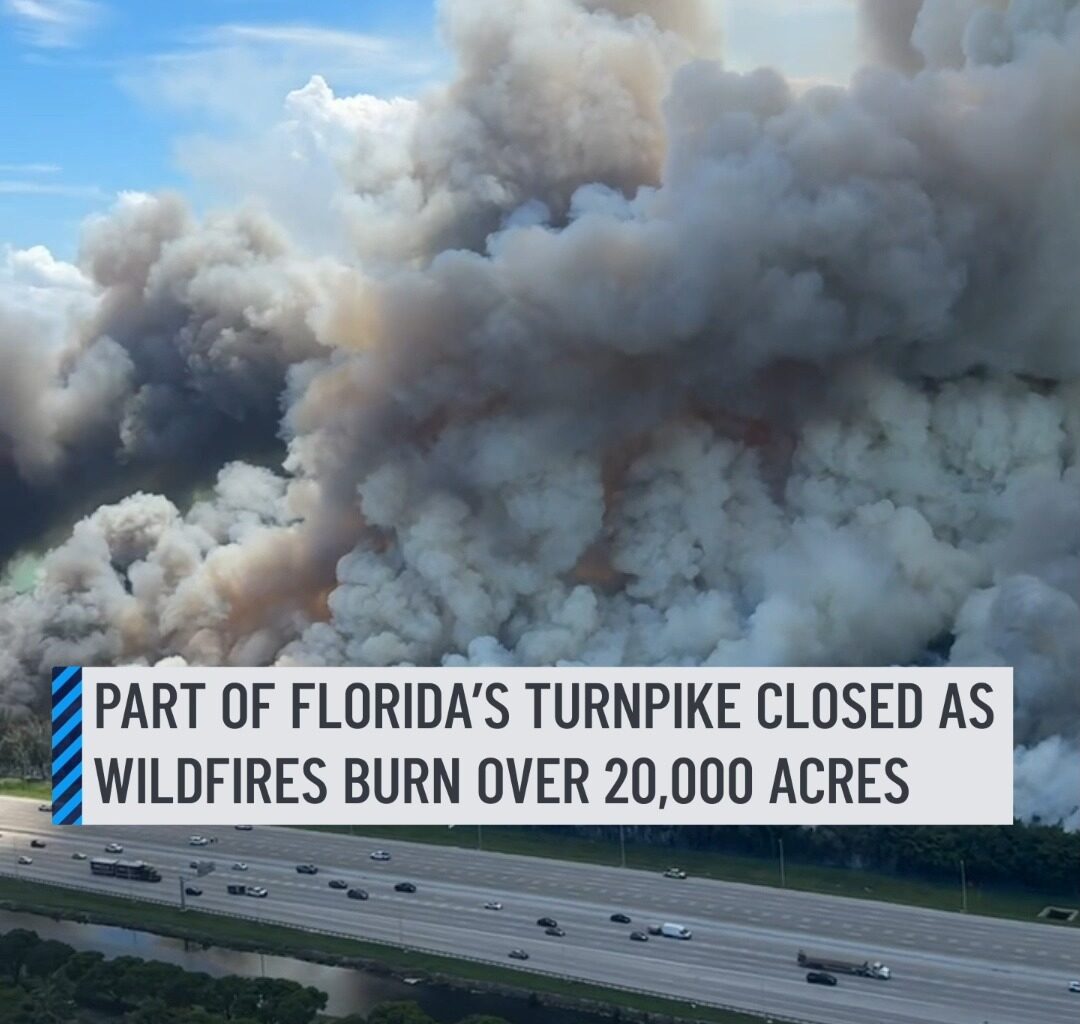 BREAKING 🔥🚨: Crews were making progress as they battled three brush fires in western Miami-Dade County on Friday, tackling hotspots and turning off power to help put the flames out as a stretch of the Florida's Turnpike was shut down as a result of the blaze. The southbound lanes of the Turnpike were closed from Okeechobee Road to Northwest 41st Street "to support ongoing firefighting operations and ensure public safety," Miami-Dade Fire Rescue posted on X Friday afternoon. #fire #florida #turnpike #hotspot #flames