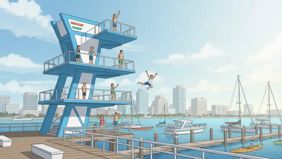 A custom-built diving tower resembling St. Petersburg's interstate welcome markers stands at the northwest end of St. Pete Pier, positioned over the North Yacht Basin with downtown St. Petersburg visible in the background