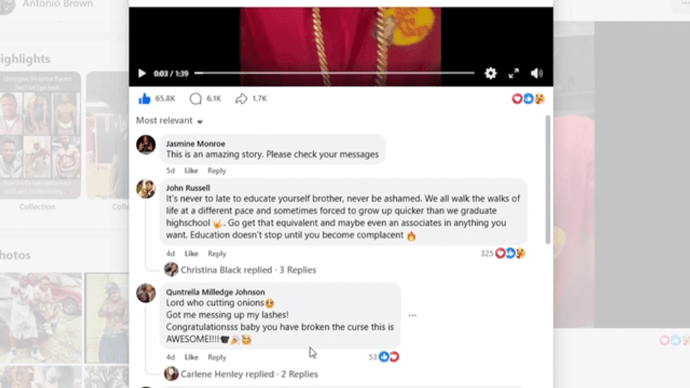 A viral video shared by the Newsome family shows high school graduate Tyon Newsome walking across the stage on May 27, as his uncle, Antonio Brown, watches from the crowd, overwhelmed with emotion. The video has spread quickly across social media, with thousands of viewers connecting to the moment. (CNN Newsource, Newsome Family)